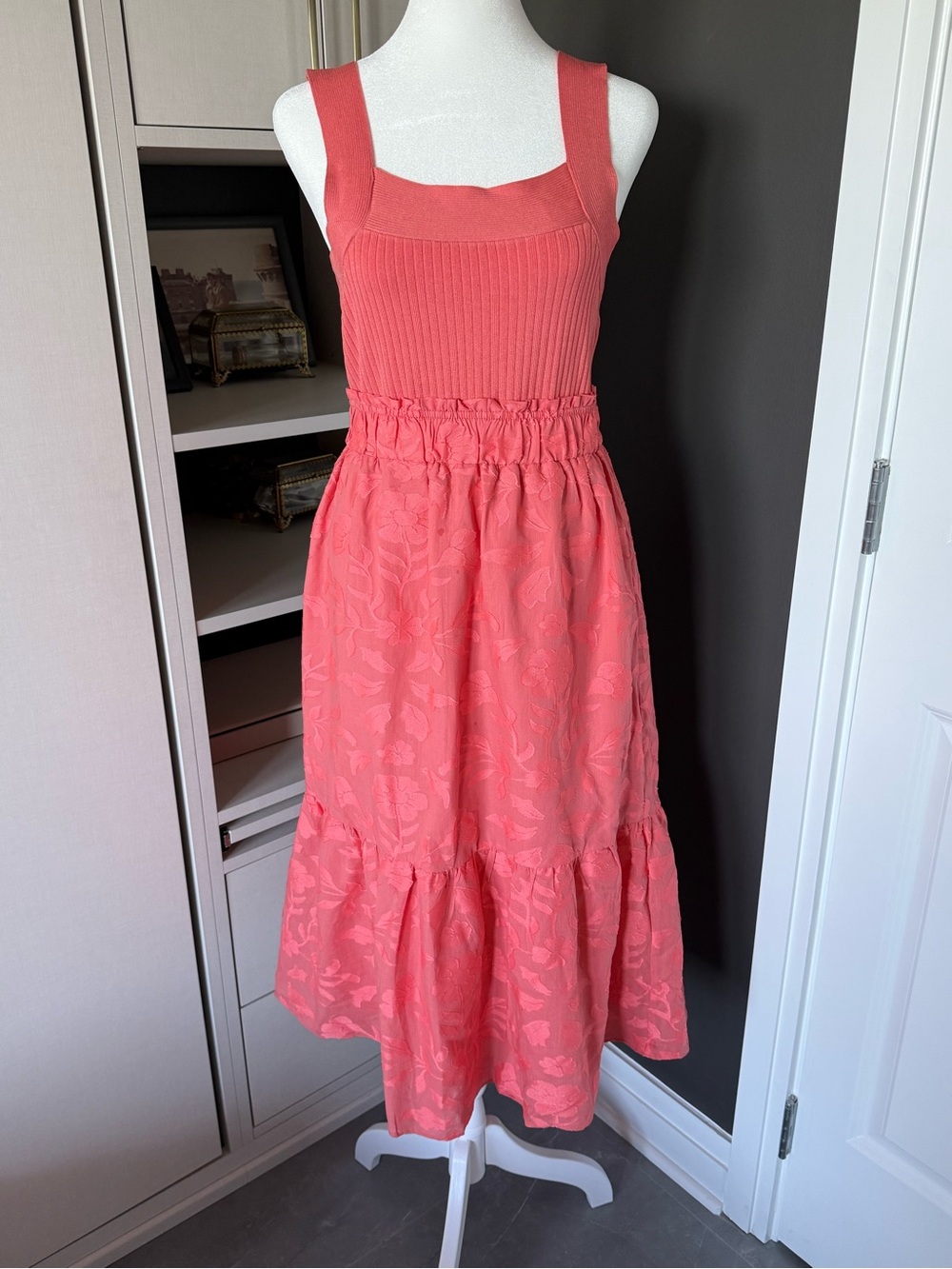 Ann Taylor Coral Ribbed Top and Matching Floral Skirt